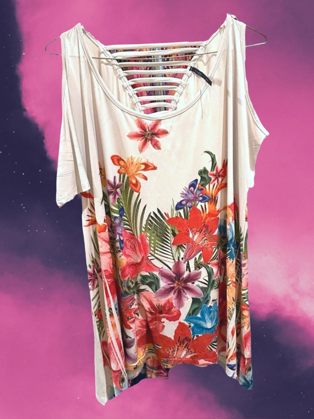 Yummy Plus Women’s plus-size Cream Stretchy Floral Cold-shoulder Top💜💜2X